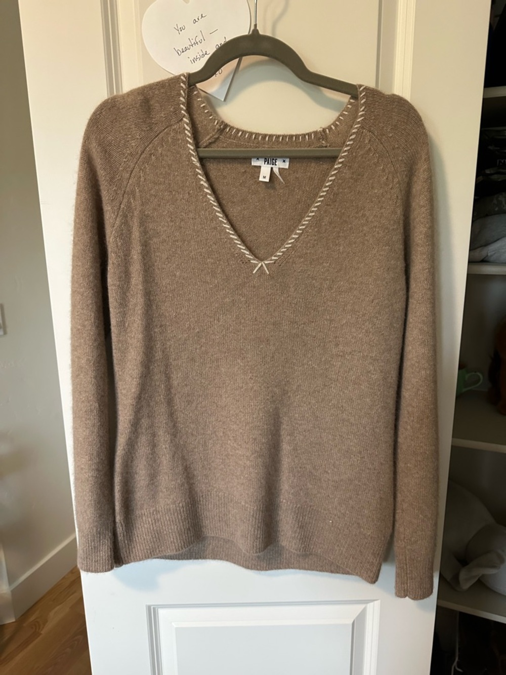 PAIGE Taupe V-Neck Cashmere Sweater with Contrast Trim